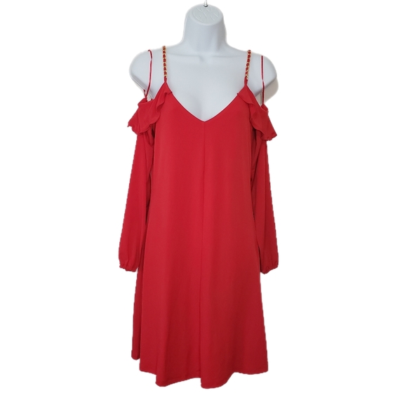 Michael Kors Ladies Cocktail Evening Party Dress Size S Red Gold Cold Shoulders - Picture 2 of 7